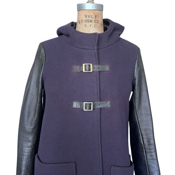 MAJE Wool & Leather Hooded Navy Blue Coat Size 36/S - Picture 4 of 7